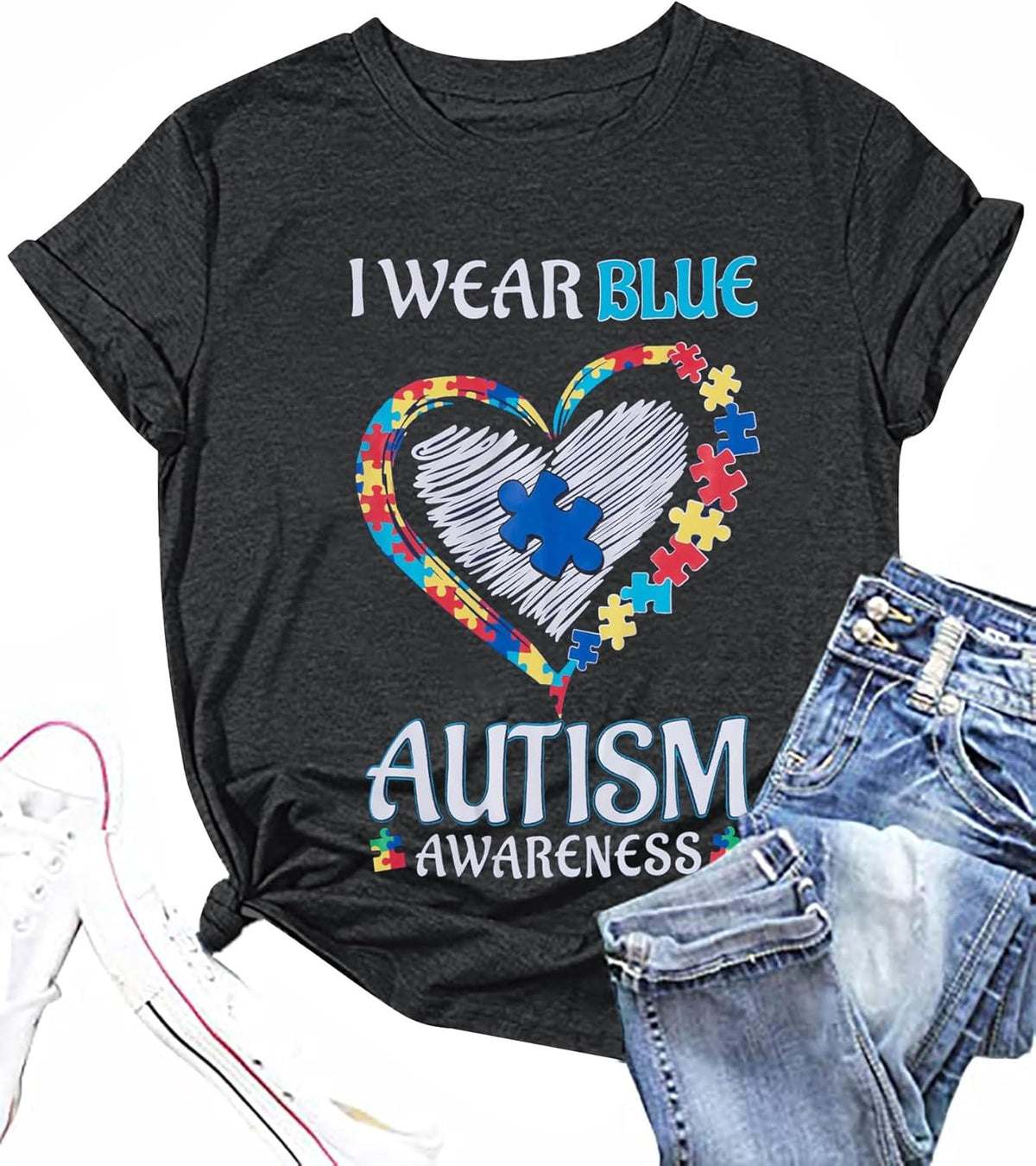 Autism Awareness Shirt Women Blue Ribbon T-Shirt I Wear Blue Tshirt Autism Support Tee Causal Short Sleeve Tee Tops